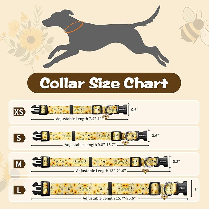 Kazazoo Dog Collar Cute and Soft Nylon Puppy Collar for Boy and Girl, Adjustable Dog Collars for Small Medium Dogs, Bees and Sunflowers-XS