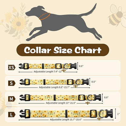 Kazazoo Dog Collar Cute and Soft Nylon Puppy Collar for Boy and Girl, Adjustable Dog Collars for Medium Large Dogs, Bees and Sunflowers-L