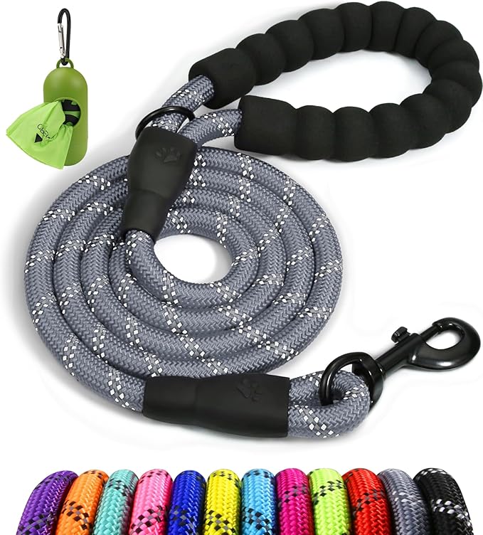 Taglory Rope Dog Leash 4 FT with Comfortable Padded Handle, Highly Reflective Threads Leash and Anti-Tangle Clip for Walking Medium Large Dogs, 1/2 inch, Grey