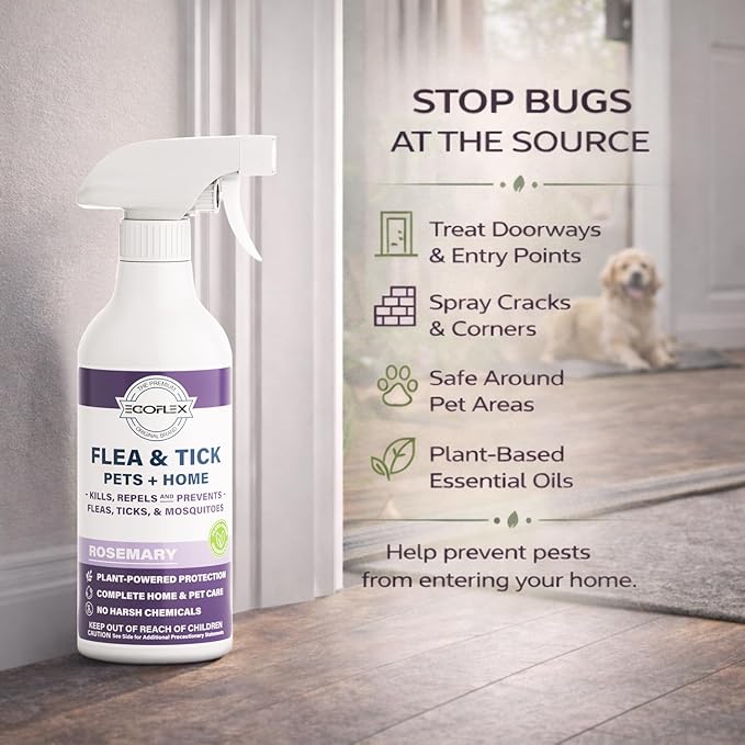 Flea Spray for Home & Pets - Flea and Tick Prevention for Dogs - Plant Based Repellent with Natural Essential Oils for Dog Flea Treatment Protection - Rosemary Scent - 16 Fl Oz