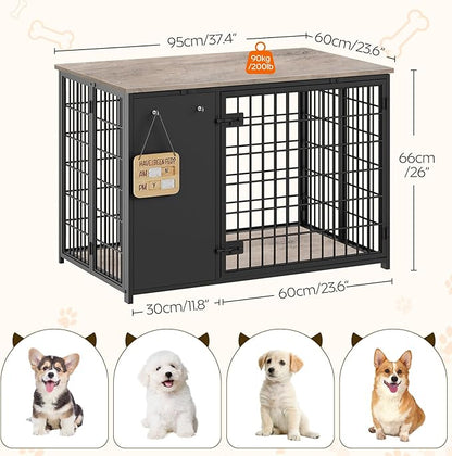 YATINEY Foldable Dog Crate Furniture, Dog Crate with DIY Frame, Heavy Duty Dog Kennel Indoor with Hooks, Wooden Dog Cage End Table, for Small/Medium Dogs, Greige DC95BG