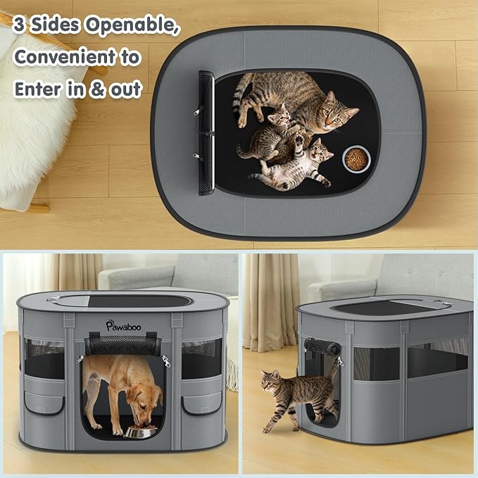 Dog Playpen, Portable Pet Cat PlayPen, 600D Oxford Dog Kennel Tent Crate, Waterproof&Breathable, Indoor Outdoor Travel Camping for Medium/Large Breed with Carrying Case+Folding Bowl(M), Charcoal Gray