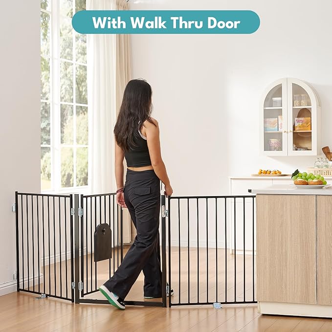 No Pawblems Dog Gate with Cat Door, Free Standing 30'' Tall Foldable Dog Fence for Indoor & Outdoor, Up to 156 Inch Extra Wide Puppy Gate for Stairs, Hallways, Doorways, Deck, Yard (Black, 6 Panels)