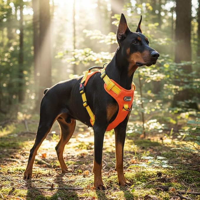Tactical Dog Harness for Large Medium Dogs No Pull Adjustable Pet Vest with Reflective Straps Front & Back Clips Handle for Hiking Walking Hunting– 4 Sizes with or Without Leash (Orange, XL)