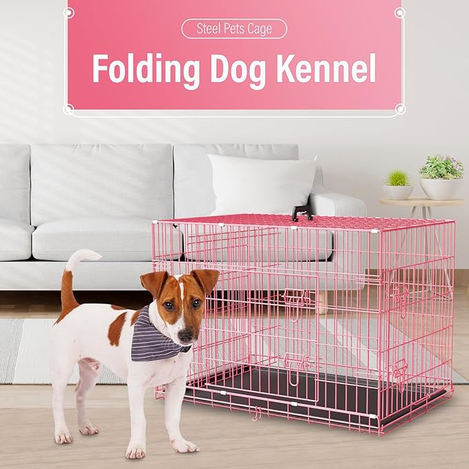 Dog Crates for Small Dogs 30" Folding Mental Wire Crates Dog Kennels Outdoor and Indoor Pet Dog Cage Crate with Double-Door,Divider Panel, Removable Tray,Pink