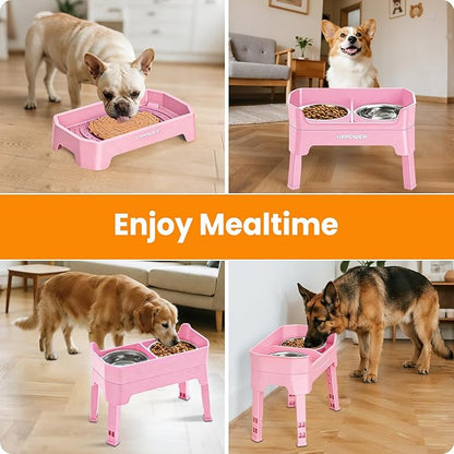 URPOWER 3-in-1 Elevated Dog Bowls - Mess Proof Double Deck 4 Height Adjustable Raised Stand with 2 Stainless Steel Food Bowls & Licking Plate for Small, Medium & Large Dogs
