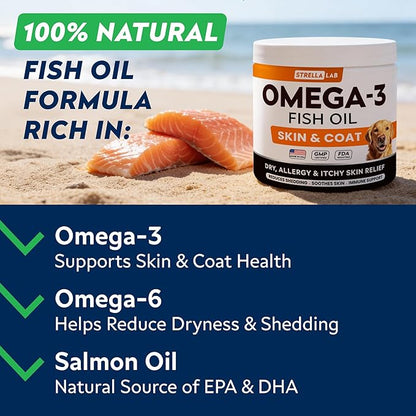 StrellaLab Omega 3 for Dogs - (180Ct) Fish Oil Treats - Allergy & Itch Relief Skin & Coat Supplement - Dry Itchy Skin, Anti Shedding & Hot Spots Treatment - Pet Salmon Oil Chews - Chicken Flavor