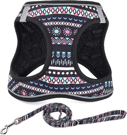 Mihqy Step in Dog Harness and Leash Set, Reflective Adjustable No Pull Dog Harness for Small Medium Dogs Puppy and Cats, Soft Padded Mesh Vest Harnesses for Girl and Boy Pets(Black Bohemia,M)