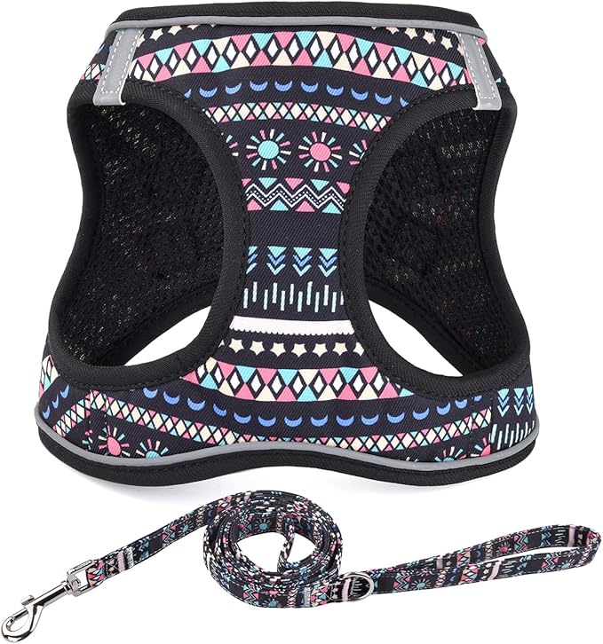 Mihqy Step in Dog Harness and Leash Set, Reflective Adjustable No Pull Dog Harness for Small Medium Dogs Puppy and Cats, Soft Padded Mesh Vest Harnesses for Girl and Boy Pets(Black Bohemia,L)