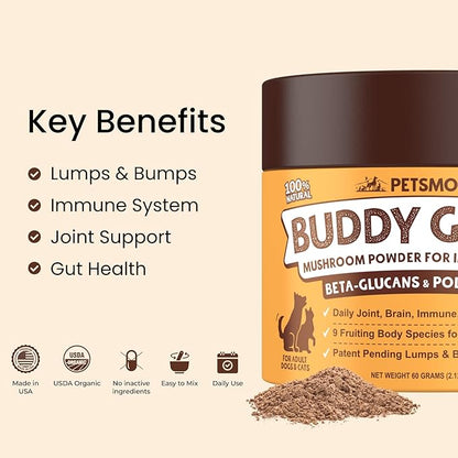 Petsmont Buddy Guard for Lumps and Bumps, Lipoma for Dogs & Cats, Patent Pending Organic 9 Mushroom Powder Blend Natural Dog Probiotic & Immune Support Chaga, Reishi, Lion's Mane, Turkey Tail Mushroom