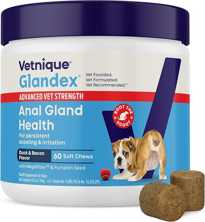 Vetnique Glandex Anal Gland Soft Chew Treats with Pumpkin for Dogs Digestive Enzymes, Probiotics Fiber Supplement for Dogs Boot The Scoot (Advanced Strength Duck/Bacon Chews (Vegetarian), 60 Ct)