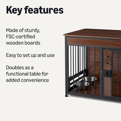 Amazon Basics Furniture Style Dog Crate, Two Bowls Included, 30" x 20.4" x 23.6", Walnut