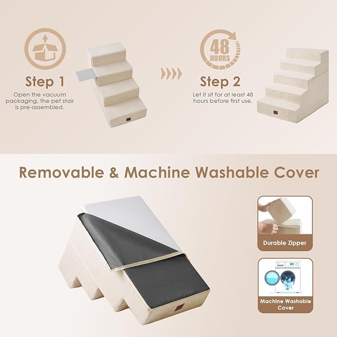 EHEYCIGA Dog Stairs for High Bed 25" H, 5-Step Extra Wide Dog Steps for Bed, Pet Steps for Small Dogs and Cats, Non-Slip Balanced Pet Ramp Indoor, Beige
