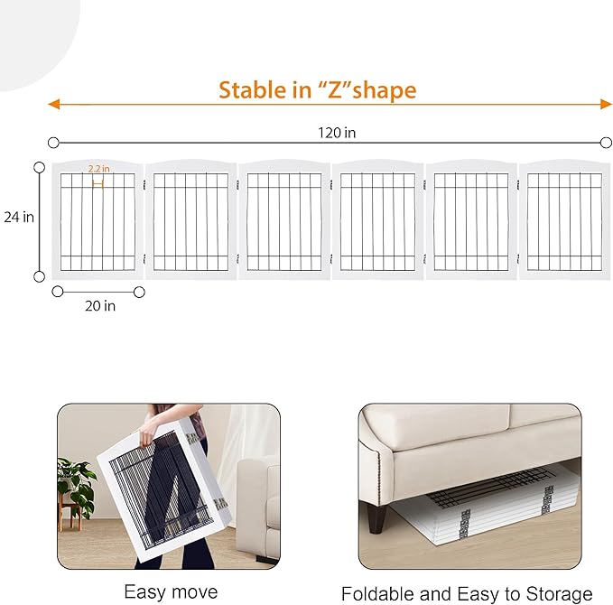 LZRS 6-Panel Extra Wide Wooden Freestanding Dog Gate: Foldable Solid Wood and Steel Wire Chew Resistant Safety Barrier for Doorways, Stairs, and Open Long Spaces Indoor Use, White