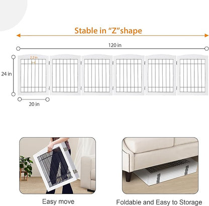 LZRS 6-Panel Extra Wide Wooden Freestanding Dog Gate: Foldable Solid Wood and Steel Wire Chew Resistant Safety Barrier for Doorways, Stairs, and Open Long Spaces Indoor Use, White