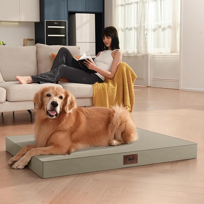 Outdoor Extra Large Dog Bed, Jumbo Waterproof Dog Bed for Large Dogs, Orthopedic Egg Crate Foam Pet Mat with Removable Oxford Cooling Cover, Khaki