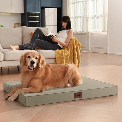 Outdoor Large Washable Dog Bed, Orthopedic Egg Crate Foam Dog Crate Mat for Large Dogs with Removable Oxford Cooling Cover, Khaki