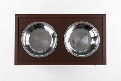 New Age Pet ECOFLEX Piedmont Fixed Height Elevated Dog Feeder in Brown, Two Bowl Design, Sliding Lid Storage, 32 oz Bowls, Space Efficient, 15-20 lbs Food Storage, Easy Clean