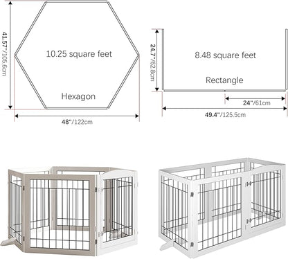 Vantas Folding Pet Gate 144" Wide, 30" Tall No-Assembly Wooden Dog Gate with Door Walk Through, Freestanding Wire Pet Puppy Safety Fence, with 2PCS Support - White