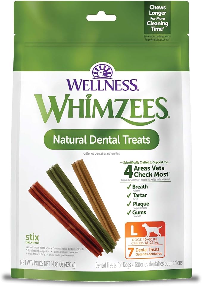 Whimzees Wellness Stix Dog Dental Treat, Chews, Freshens Breath, Large Size Sticks, 14.81 oz Bag, 7 Count