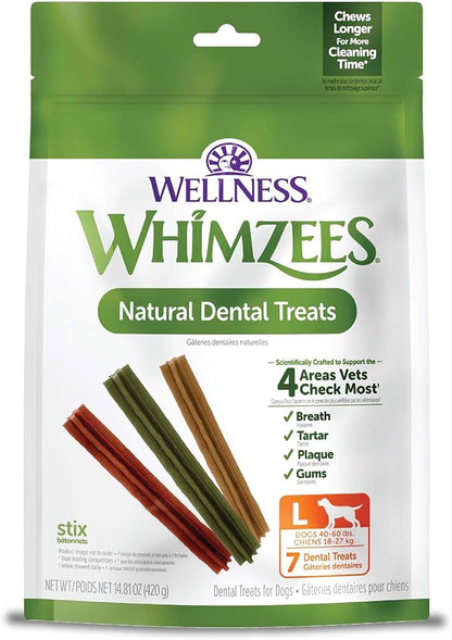 Whimzees Wellness Stix Dog Dental Treat, Chews, Freshens Breath, Large Size Sticks, 14.81 oz Bag, 7 Count