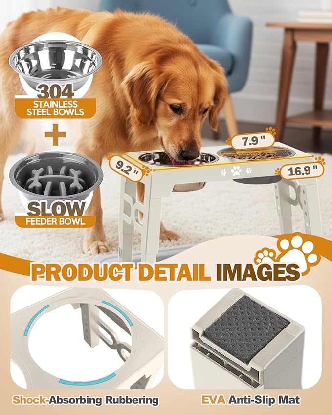 Jovrun Elevated Dog Bowls for Medium Size Dogs with Mat, Non-Slip Dog Feeder with 1*Stainless Steel Dishes & 1*Slow Feeder Bowl, 5 Heights Adjustable Raised Bowls for 3.15″-8.66″-9.84″-11.02″-12.2″