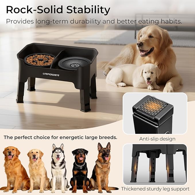 URPOWER Mess Proof Elevated Dog Bowls 4 Height Adjustable Raised Stand with No Spill Water Bowl and Slow Feeder Dog Bowls Non-Slip Food and Water Bowl Set for Small, Medium & Large Dogs