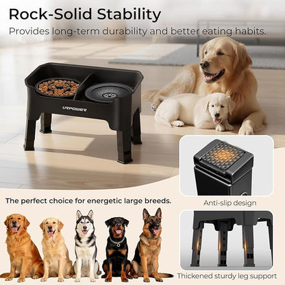 URPOWER Mess Proof Elevated Dog Bowls 4 Height Adjustable Raised Stand with No Spill Water Bowl and Slow Feeder Dog Bowls Non-Slip Food and Water Bowl Set for Small, Medium & Large Dogs
