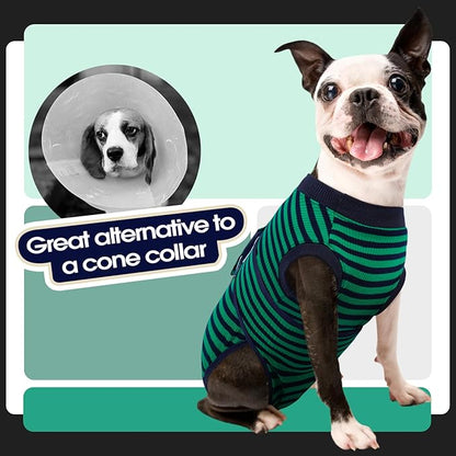 FUAMEY Recovery Suit for Dogs After Surgery,Soft Breathable Dog Bodysuit E-Collar & Cone Alternative Surgical Suit,Male Female Dog Neuter Spay Suits Anti Licking Wounds Onesie Green Black Stripes M