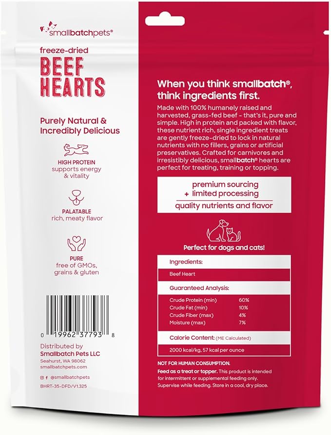 smallbatch Pets Premium Freeze-Dried Beef Heart Treats for Dogs and Cats, 3.5 oz, Made and Sourced in The USA, Single Ingredient, Humanely Raised Meat, No Preservatives or Anything Artificial Ever