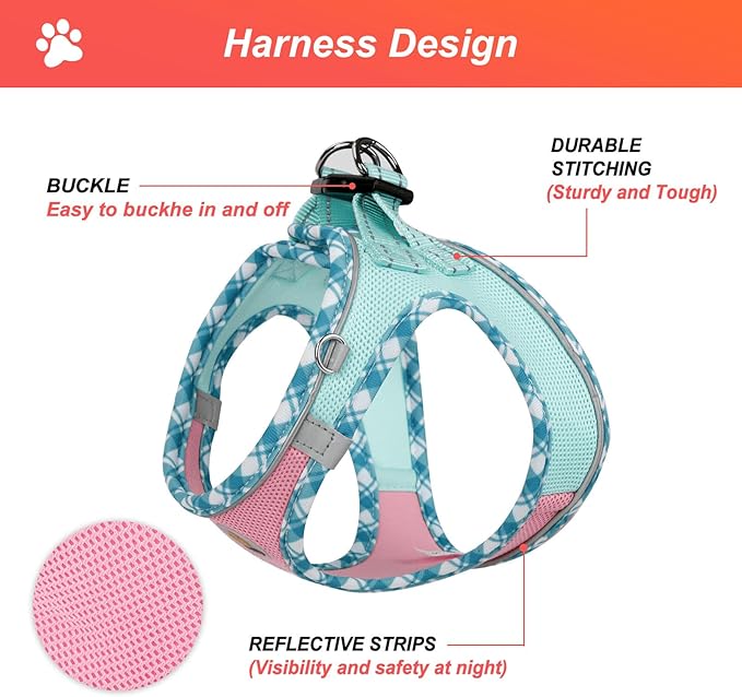Hipubby Dog Harness Small Sized and Leash Set, No Pull Soft Mesh Puppy Vest, Reflective Breathable Lightweight Pet Harness, Harness for Small Medium Dogs and Cats - Pink Green, L
