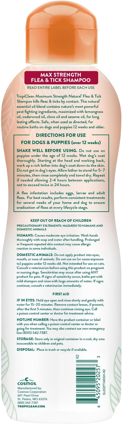TropiClean Max Strength Flea and Tick Shampoo Treatment for Dogs, Powerful & Natural Defense, Prevention for Large & Small Dogs, Made in USA, 20oz