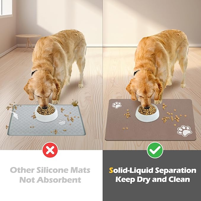Pet Feeding Mat-Absorbent Dog Mat for Food and Water Bowl-Dog Accessories Pet Supplies-Dog Water Bowl for Messy Drinkers-No Stains Quick Dry Dog Water Dispenser Mat (12"x19", Brown)