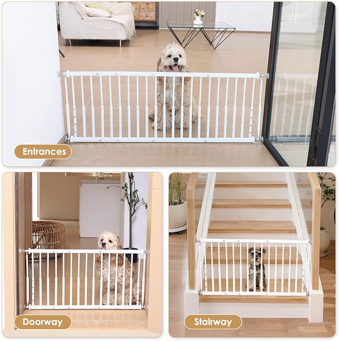 10''-15.8'' Height Adjustable Dog Gate, Extra Wide 18.1"-46" All Metal Short Dog Gate to Step Over, Pressure Mount Small Pet Puppy Gate for Stairs & Doorways(White)