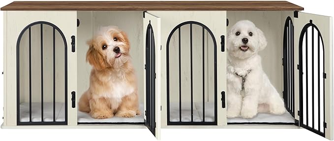 Hzuaneri 63" Dog Crate Furniture for 2 Dogs, Heavy Duty Indoor Dog Kennel TV Stand, L Wooden Dog Cage with Divider for Medium Large Dogs, End Table Dog Crate with Cushion, White Brown DFC80914BV1