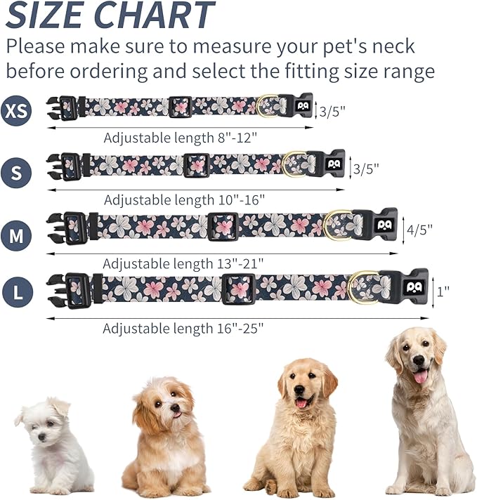 QQPETS Adjustable Soft Dog Collar: Print Flower Pink Multicolor Cute Patterns for XS Small Medium Large Pet Girl Boy Puppy Walking Running Training