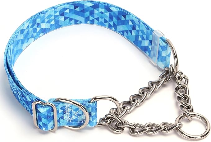 Martingale Dog Collar with Stainless Steel Chain, No Pull Slip Cinch Choker Choke Collar Training Escape Proof Heavy Duty Dog Collar for Medium Large Extra Large Pet Boy Male Dogs, Blue M