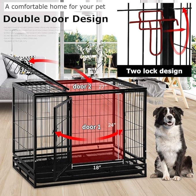 FDW Dog Crate Dog Cage Dog Kennel for Large Dogs Heavy Duty 42 Inches Pet Playpen for Training Indoor Outdoor with Plastic Tray Double Doors & Locks Design
