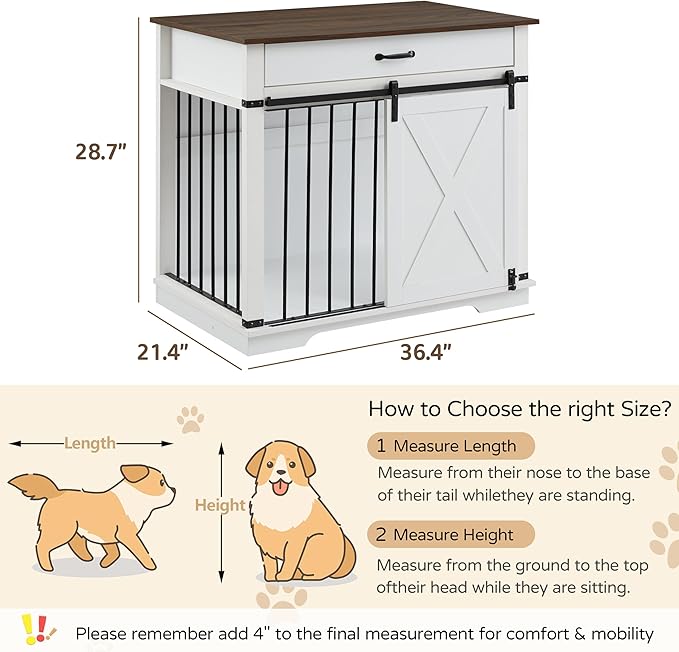 37.8" Furniture Style Dog Crates with Drawer, Farmhouse Wooden Dog Kennel Furniture with Sliding Barn Door & Water Resistant for Small/Medium/Large Dog, White