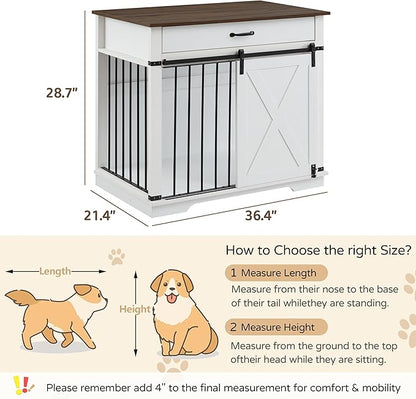 37.8" Furniture Style Dog Crates with Drawer, Farmhouse Wooden Dog Kennel Furniture with Sliding Barn Door & Water Resistant for Small/Medium/Large Dog, White