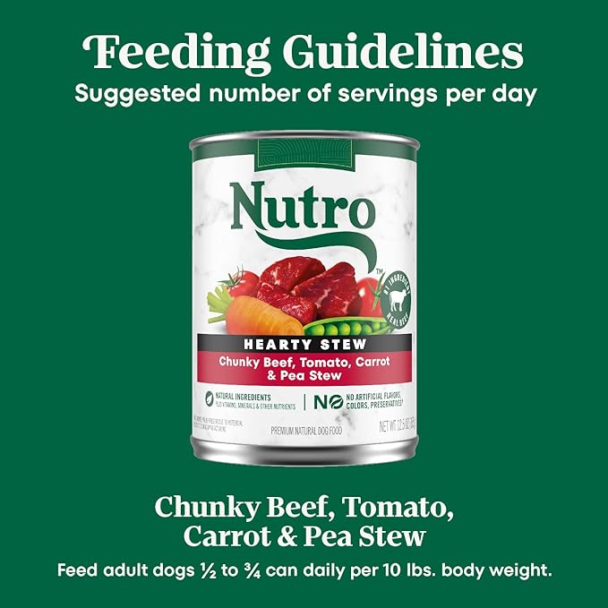 Nutro Hearty Stew Canned Wet Dog Food, Natural Grain Free Dog Food Wet Cuts in Gravy Chunky Beef, Tomato, Carrot & Pea, 12.5 oz Cans (12 Count, Pack of 1)