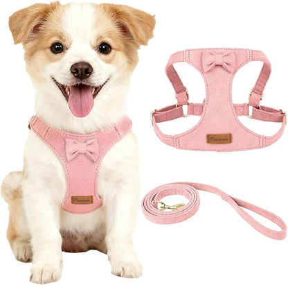 Cute Small Dog Harness and Leash Puppy Set with Bowtie,Step in Dog Harnesses,Soft Adjustable Cat & Dog Vest,Harness for Small Cats & Dogs Walks and Parties(Pink,S:Weight 8.8-17.6lb)