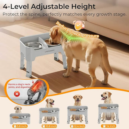 URPOWER Mess Proof Elevated Dog Bowls, High Wall Splash Guard Design, 4 Height Adjustable Raised Bowl Stand, 2 Stainless Steel Bowls, Non-Slip Food Water Set for Small Medium Large Dogs