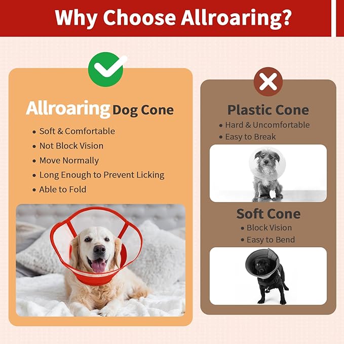 Allroaring Dog Cone Collar After Surgery, Soft Dog Cones for Large Dogs, Breathable Pet Elizabethan Collar Dogs Recovery Cone to Stop Licking Protective Wound Lightweight E-Collar, Red XL
