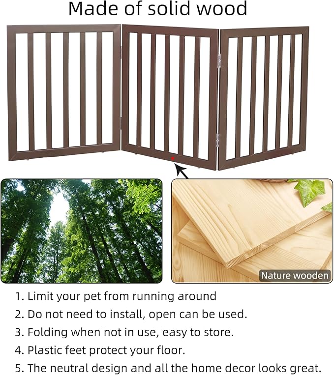 ZJSF Freestanding Indoor Dog Gate for House Foldable Wood Brown Puppy Gate for Doorways Pet Gate for Stairs Extra Wide Pet Fence 24" Height 3 Panels