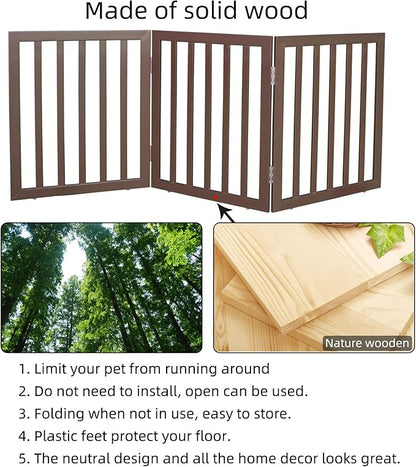 ZJSF Freestanding Indoor Dog Gate for House Foldable Wood Brown Puppy Gate for Doorways Pet Gate for Stairs Extra Wide Pet Fence 24" Height 3 Panels