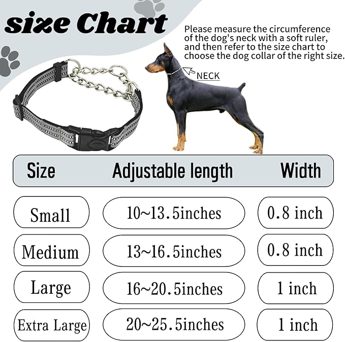 Martingale Dog Collars, Reflective Nylon Collar with Stainless Steel Chain, Adjustable Walking Training Dog Collars with Quick Release Buckle, Suitable for Small Medium Large Dogs(Gray,L)