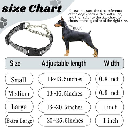 Martingale Dog Collars, Reflective Nylon Collar with Stainless Steel Chain, Adjustable Walking Training Dog Collars with Quick Release Buckle, Suitable for Small Medium Large Dogs(Gray,L)