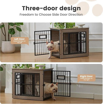 27 Inch Heavy Duty Dog Crate Furniture for Puppy/Small Dogs, Decorative Pet House End Table with 3 Doors, Wooden Cage Kennel Furniture Indoor, Rustic Grey - Without Bowls