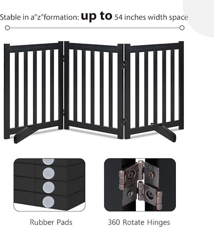 LZRS Freestanding Dog Gate 30 inch Tall - 3 Panels Solid Wooden Pet Gate for Doorways, Stairs & Hallways, Expandable & Foldable with Support Feet，Indoor Use,Black